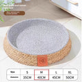 Brown woven rattan cat nest pet bed shown in size L on a floor.