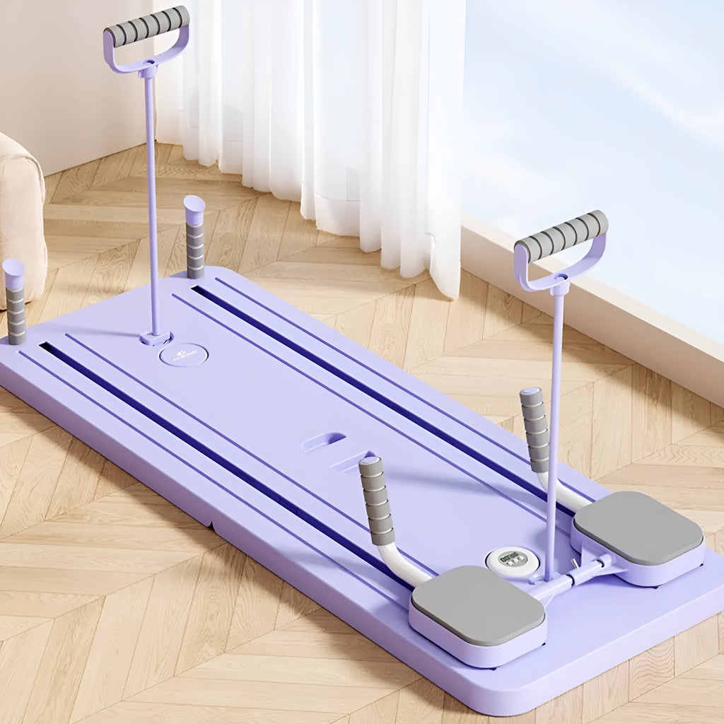 Standard purple PP plastic fitness board with integrated automatic rebound abdominal wheel.