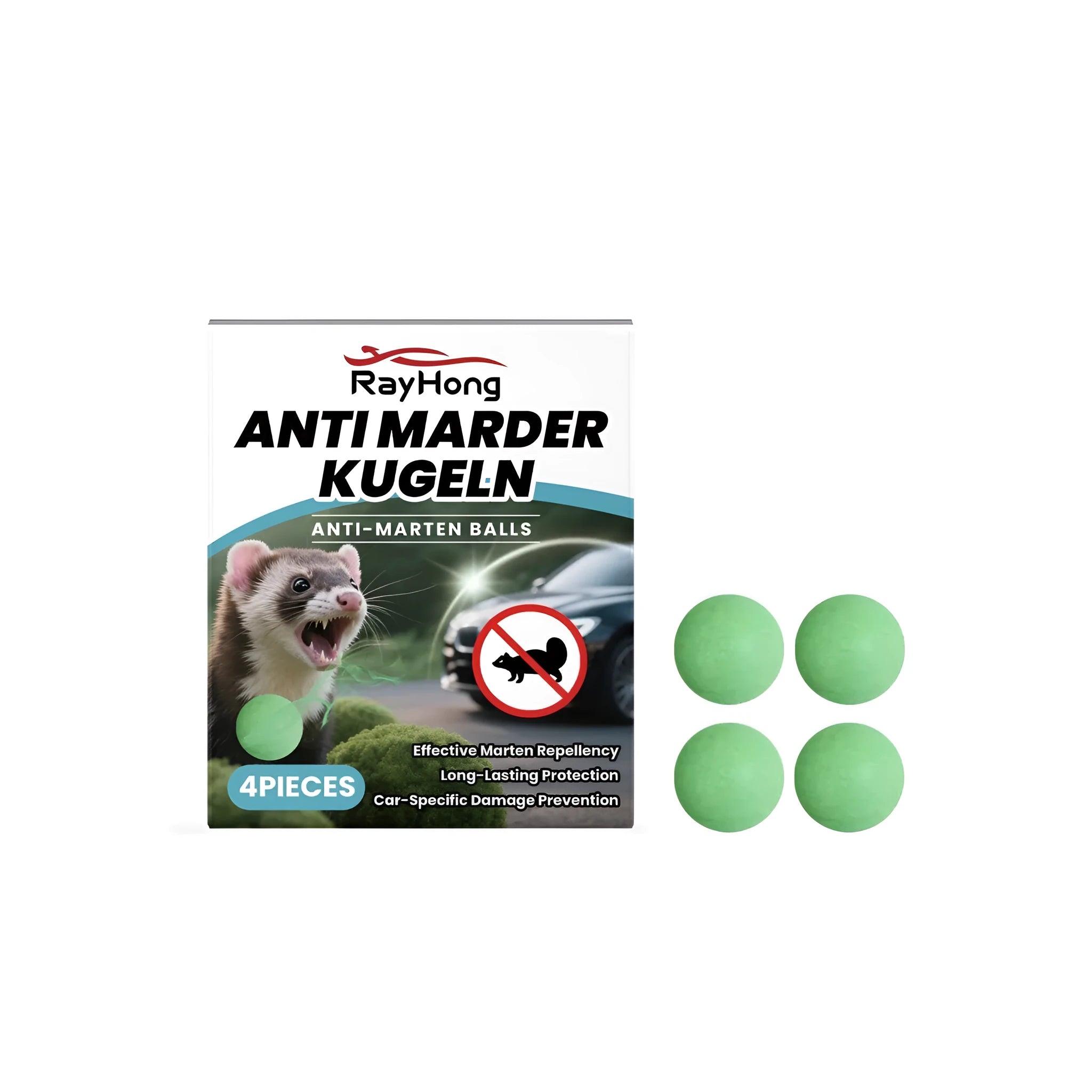 Four round anti-marten deterrent balls with natural ingredient formula for vehicle protection.