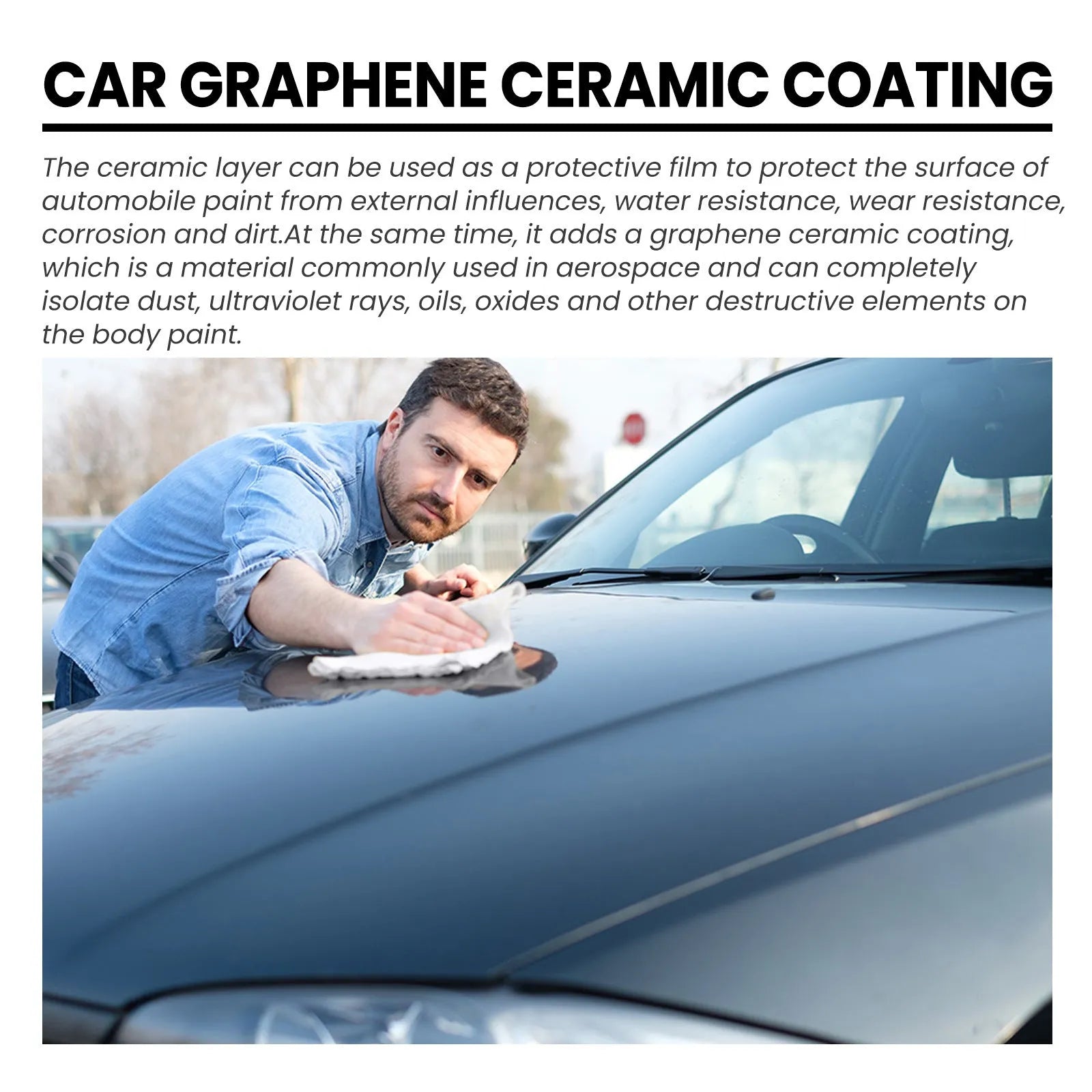 70ml bottle of automotive graphene ceramic coating with sponge, towel, gloves, and cloths laid out.