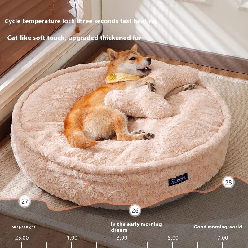 Round nest style pet bed in a milk tea colour with a removable cloth cover.