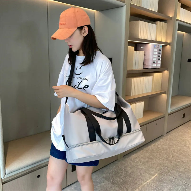 Women's large capacity travel duffle bag with separate shoes compartment, waterproof Oxford cloth, available in multiple colours