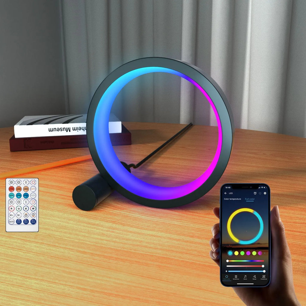 Smart aluminium alloy LED night light with music sync and app control in 6-inch and 10-inch sizes.