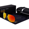Men's orange red tinted polarised aviator sunglasses with a double-bridge metal frame on a solid background.