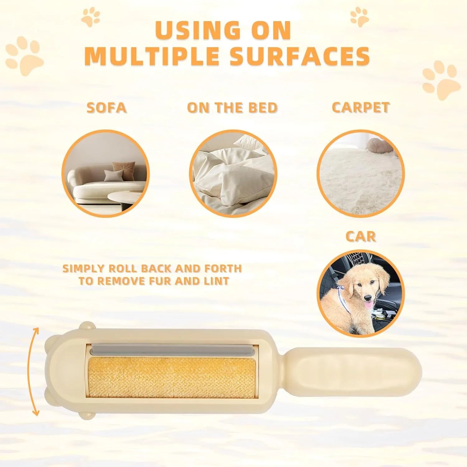 Blue reusable pet hair removal roller with self-cleaning base on a sofa