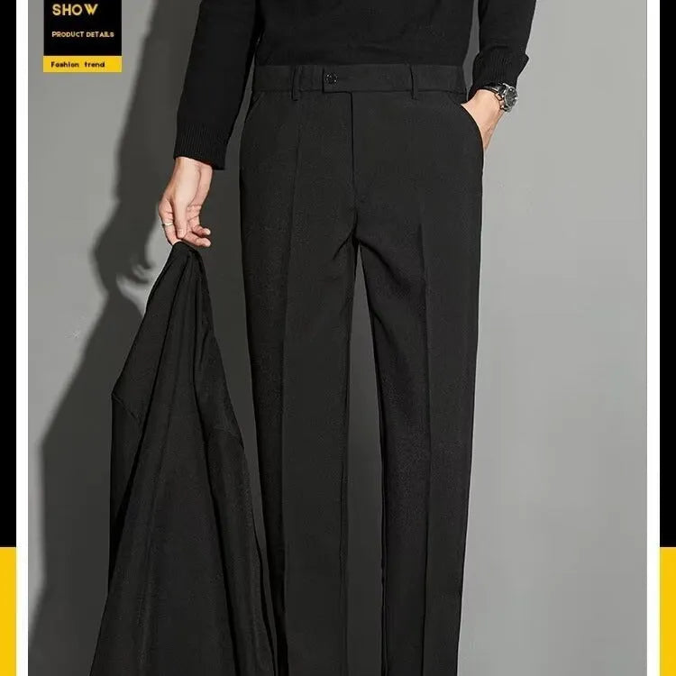 Men's straight-leg ankle-length suit trousers in a light colour, showing the spring draping effect on the leg.