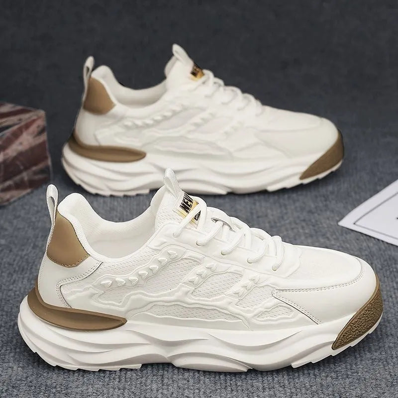 Men's white and black breathable mesh casual shoes with round toe and PU mesh upper