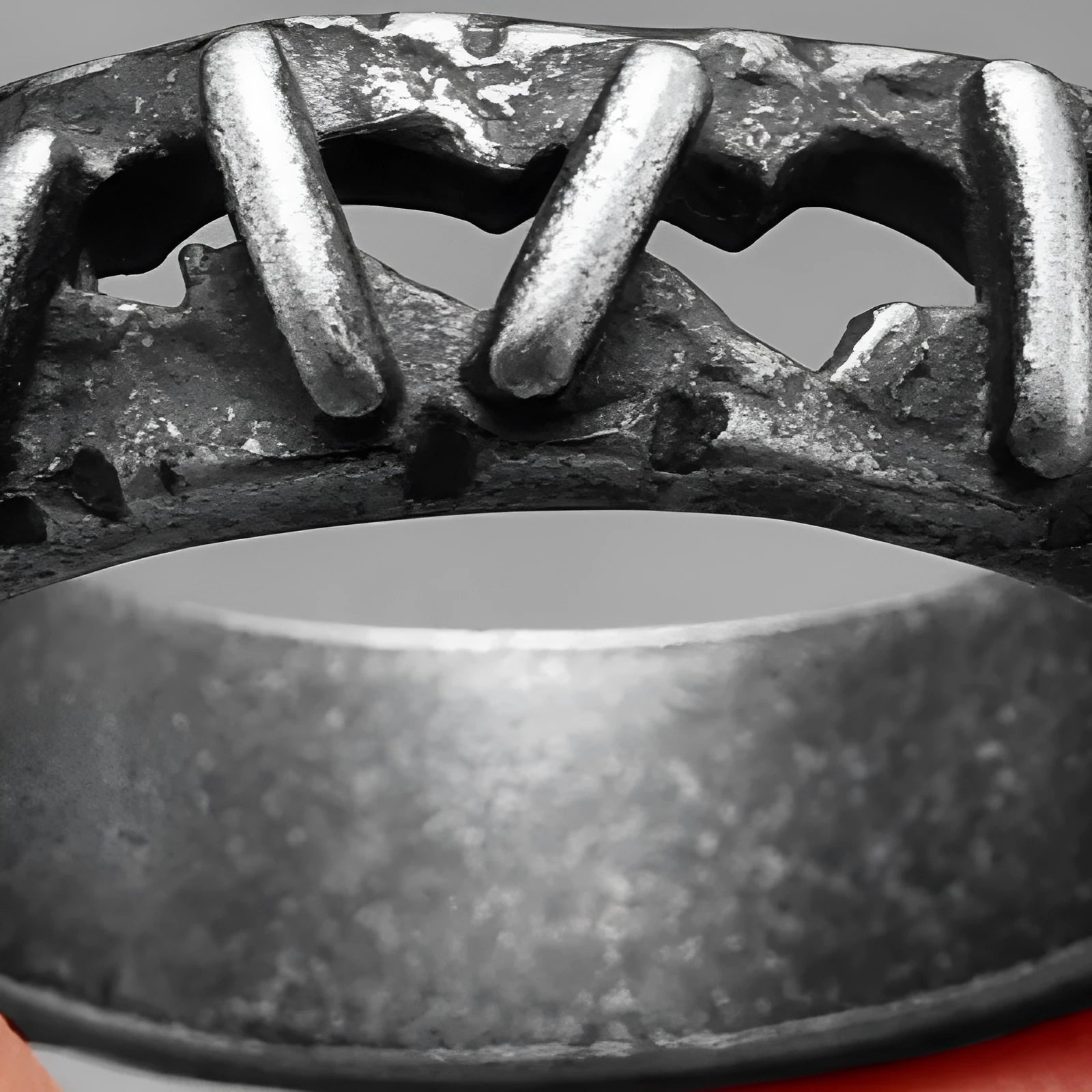 Close-up of a stainless steel double ring with dark punk stitching style detail.