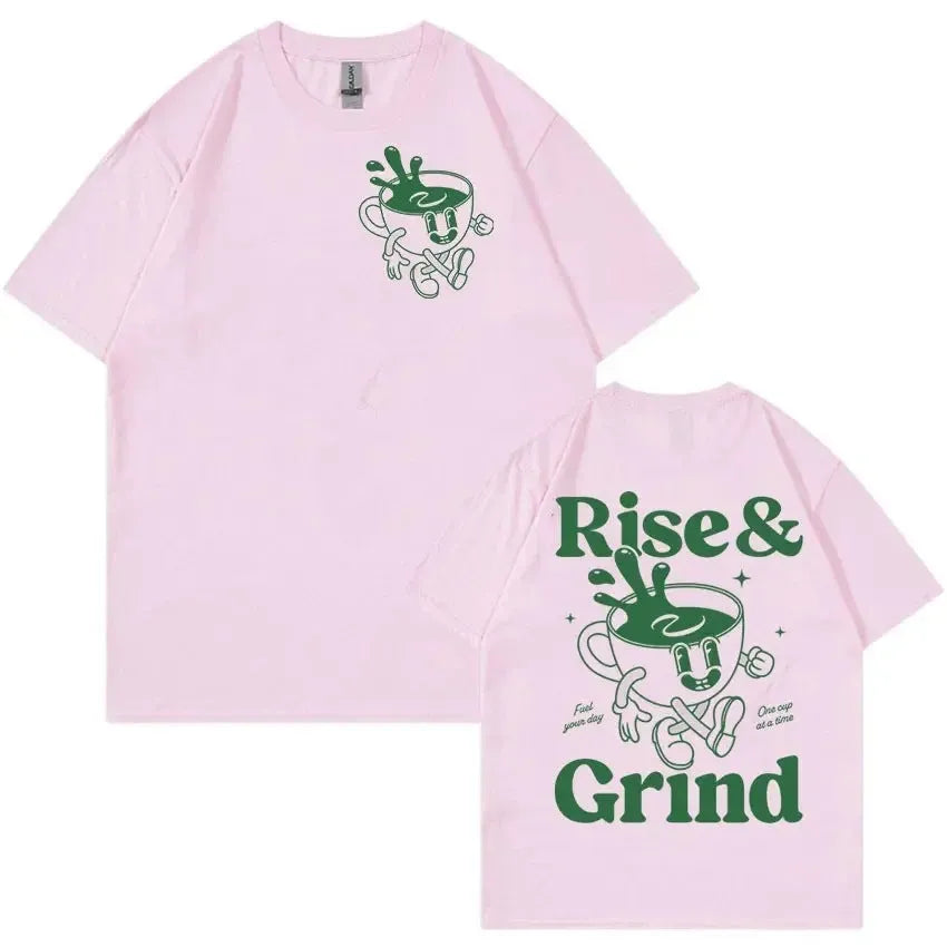 A loose-fit black linen t-shirt with a printed Rise And Grind Green Coffee Fun Expression Bag cartoon design on the front.