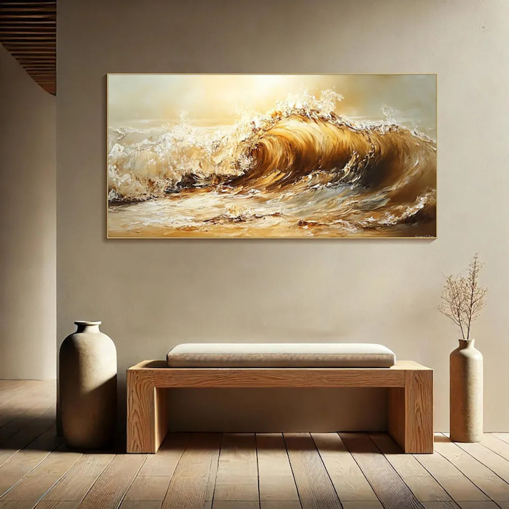 Handmade abstract yellow waves landscape oil painting on unstretched canvas, frameless, multiple sizes available