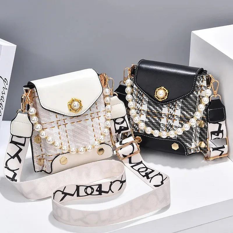 Women's crossbody phone bag in PU leather with pearl pendant and gold metal studs, magnetic flap closure