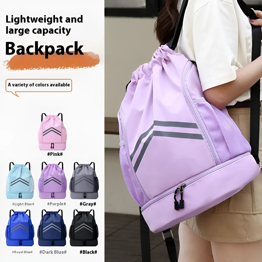Men's reflective drawstring sports backpack in Oxford cloth with curved shoulder strap, available in multiple colours for outdoor activities