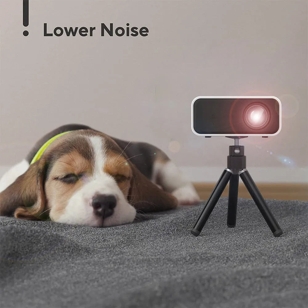 YT300 black or white portable mini LED projector showing compact size and lens for home cinema projection.