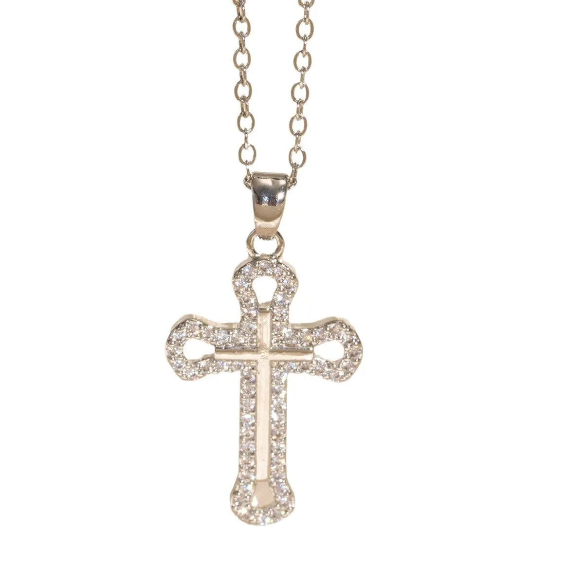 Real gold electroplated micro inlaid zircon cross necklace on copper pendant with O-ring chain, adjustable 41-50cm, simple geometric style