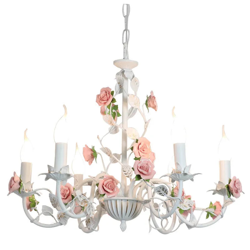 Wrought iron chandelier with flower and plant detailing, 3 6 or 8 heads, 220V, French pastoral style