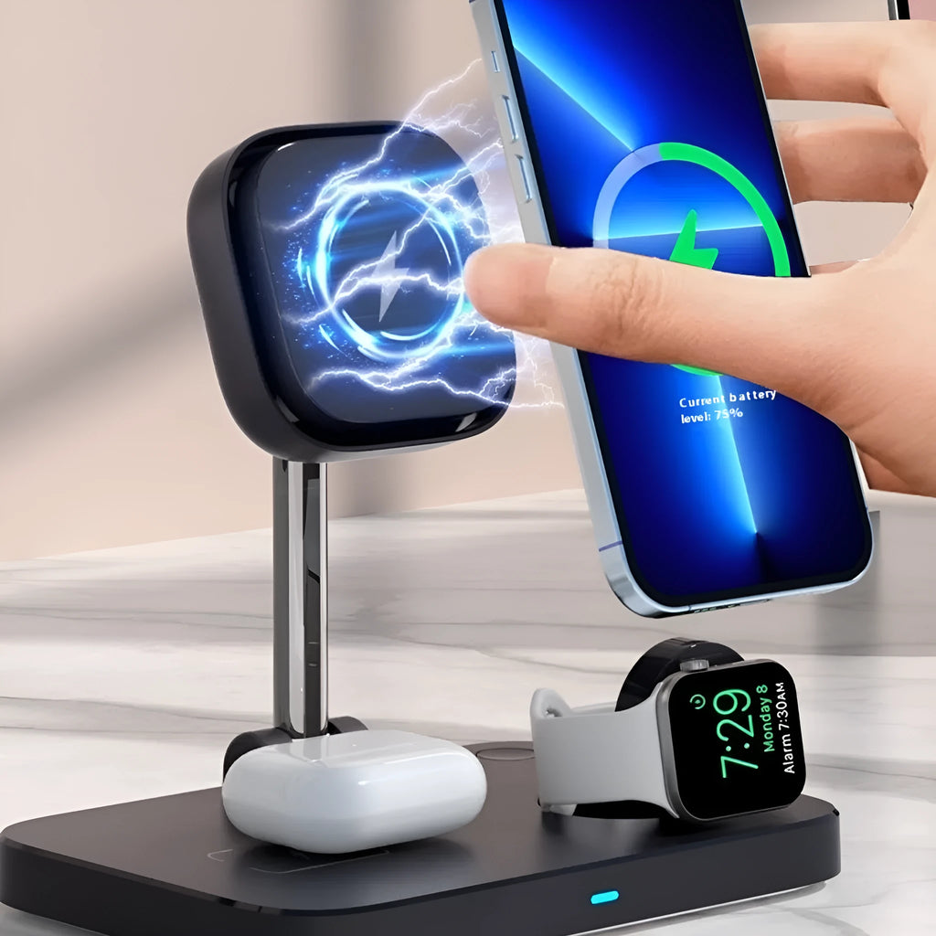 Black desktop magnetic wireless three-in-one charger with cooling bracket for phone watch earbuds
