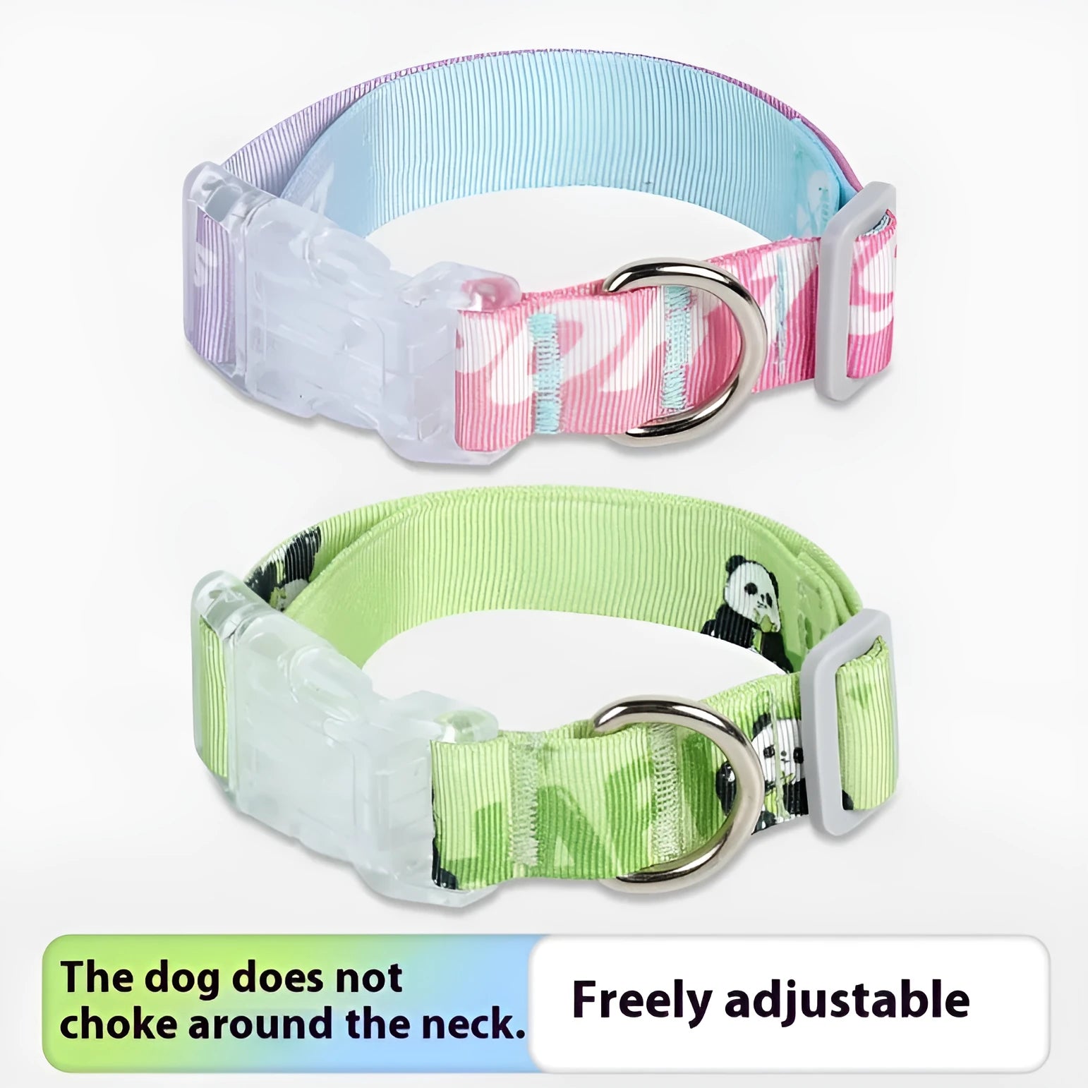 Adjustable nylon dog collar with vibrant cartoon gradient print and metal D-ring on a green background.