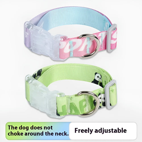 Adjustable nylon dog collar with vibrant cartoon gradient print and metal D-ring on a green background.