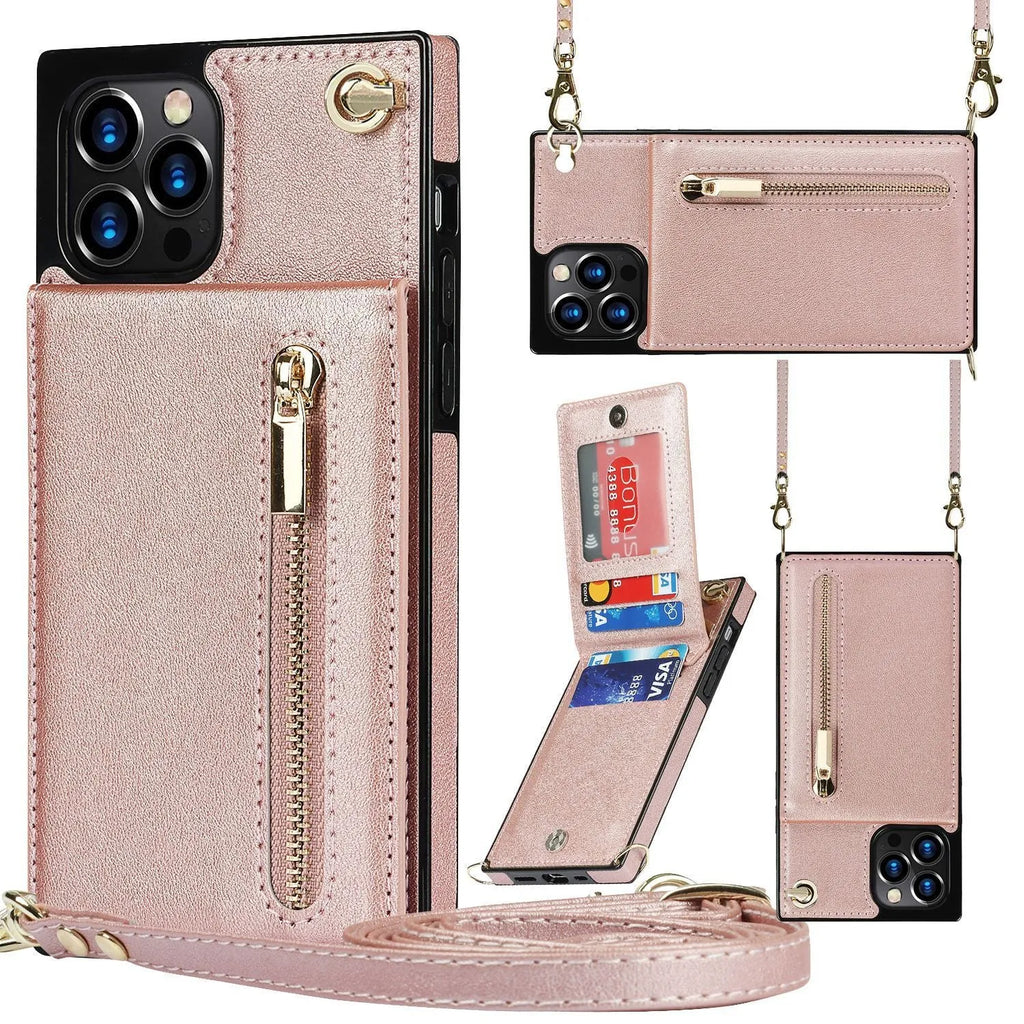 Black leather mobile phone case shown on a smartphone, demonstrating its slim protective design.