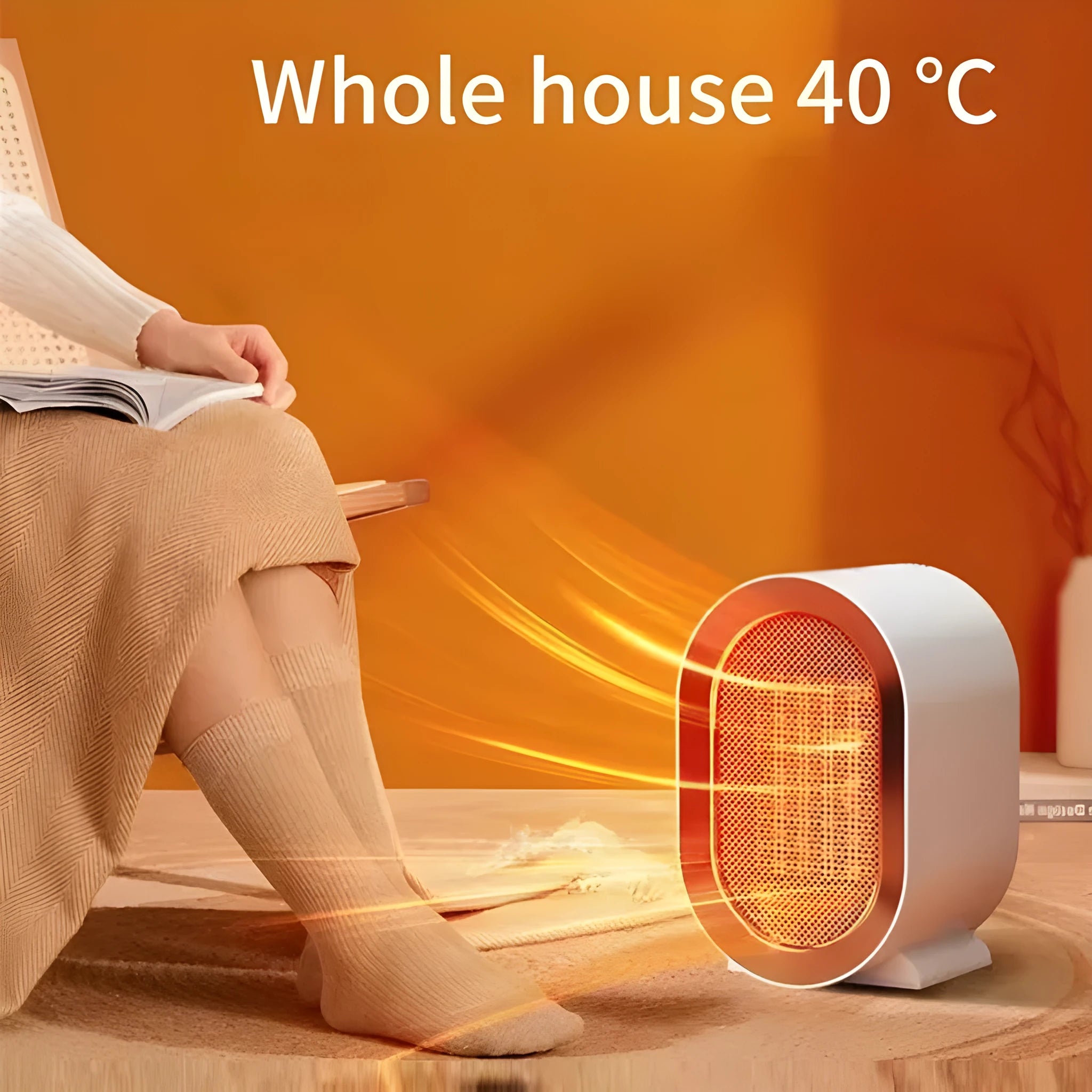 Compact desktop ceramic fan heater in black on a wooden desk.
