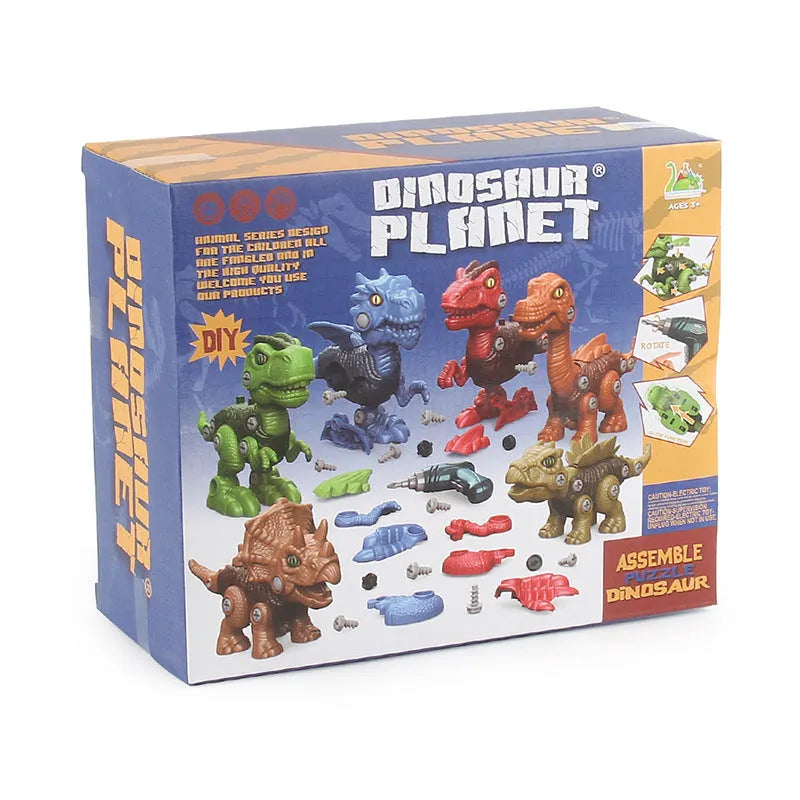 Six assembled dinosaur building block toys made from ABS plastic on a table