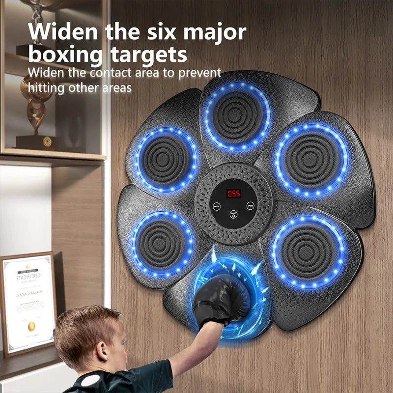 Black plastic smart boxing wall target with LED lights and a half-finger boxing glove.