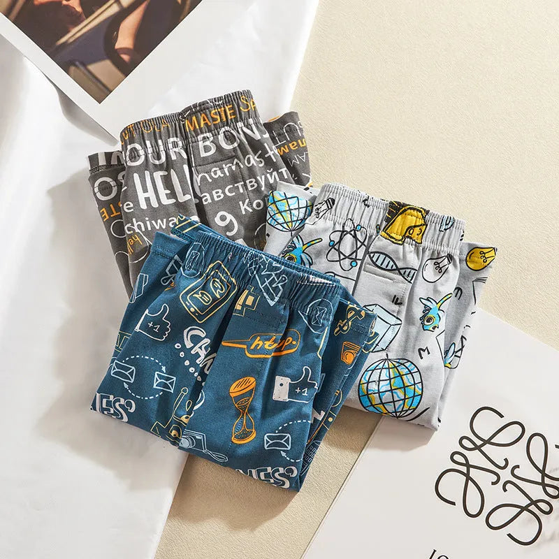 Men's cotton boxer shorts in multiple patterns including floral, camouflage, and cosmic starry sky designs