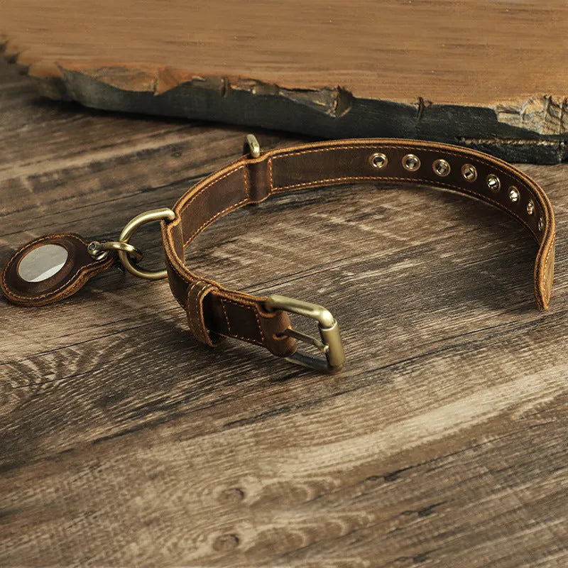 Brown handmade cowhide dog collar with retro style and halter positioning design