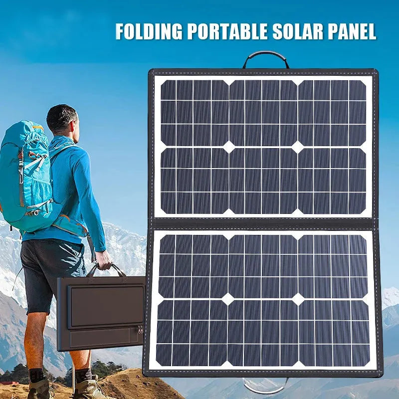 Black 40W single crystal solar panel folded into a slim bag, showing fabric texture and dimensions of 425mm by 285mm.
