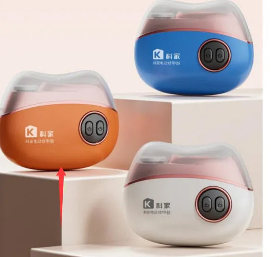Blue, orange, and white electric nail clipper and polisher two-in-one device with USB charging cable and cleaning brush.