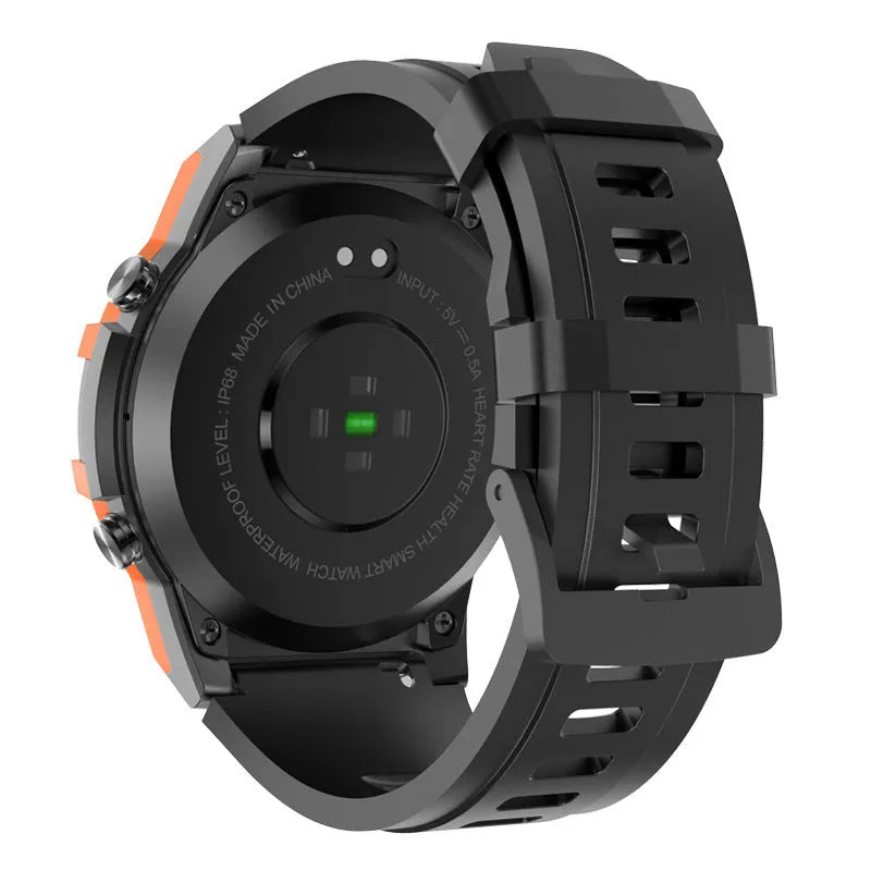 Smart watch with AMOLED display in orange colour showing heart rate and time on wrist