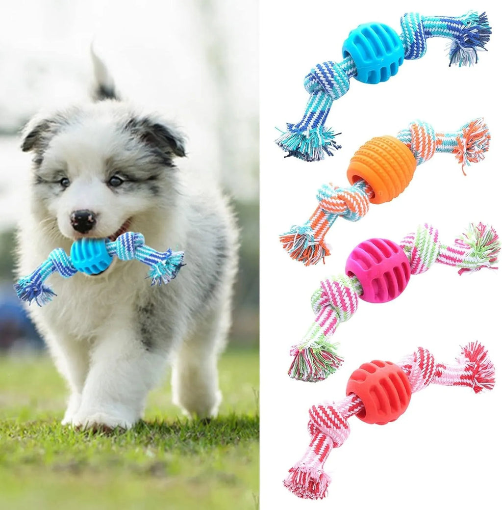 Blue soft dog chew toy with integrated rope for dental care and oral health.