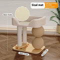 Solid pine cat nest with a round plush bed and two sisal-wrapped scratching balls on wooden columns