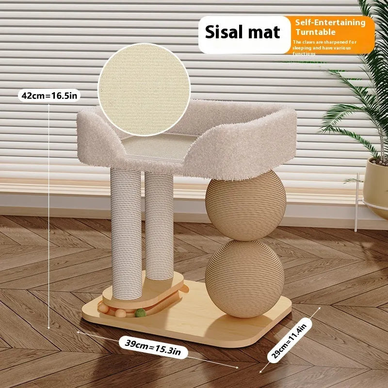 Solid pine cat nest with a round plush bed and two sisal-wrapped scratching balls on wooden columns