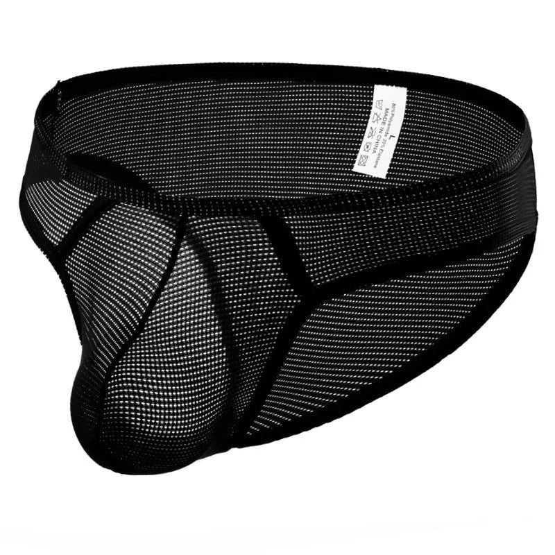 Men's breathable mesh nylon low-waist briefs in eight colours including black, light green, royal blue, and red
