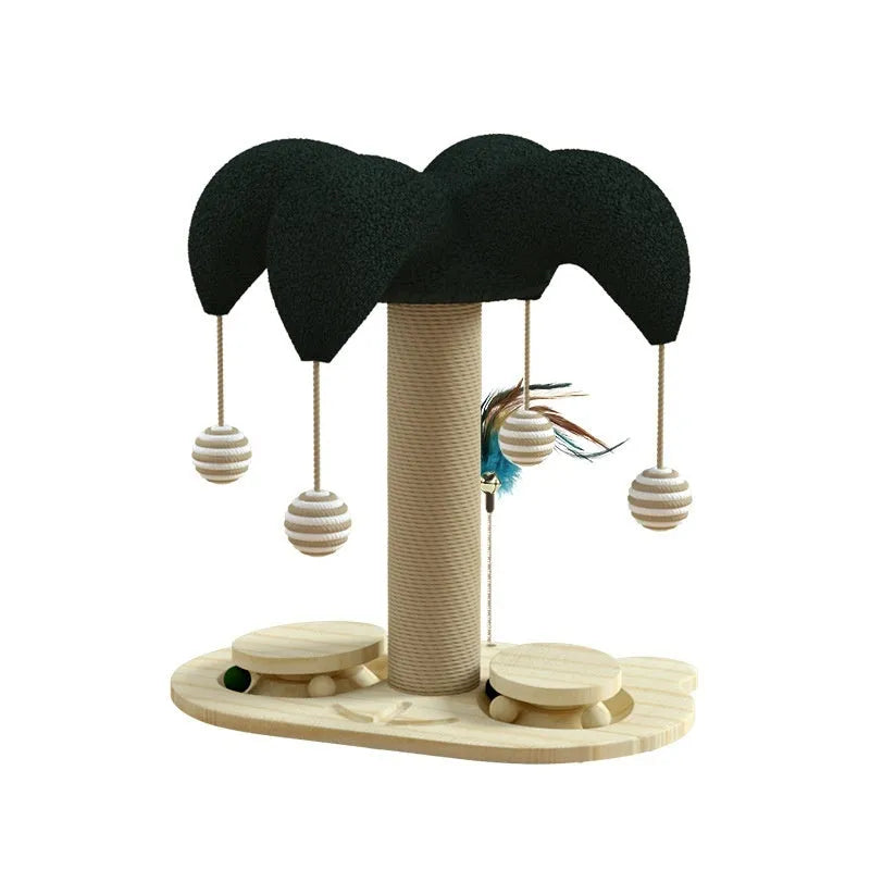 Solid wood cat climbing frame with rotating turntable and sisal scratching post in a panda design.