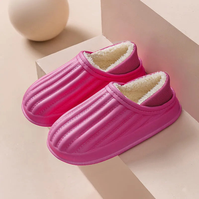 Thickened couple slippers in grey, EVA sole, non-slip, round toe, plush lined winter home shoes