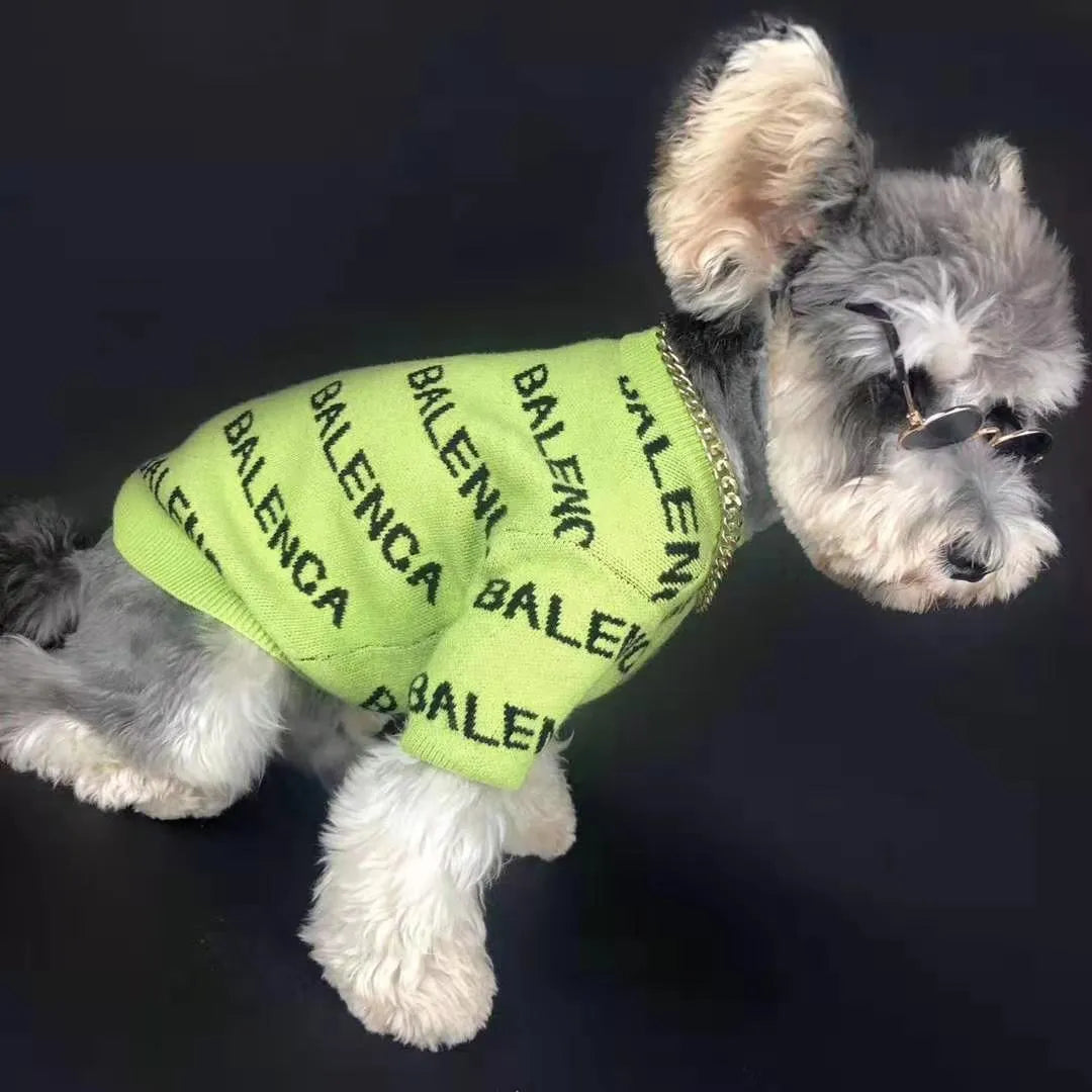 Black acrylic knit dog pullover sweater for small to large dogs, shown on a Schnauzer