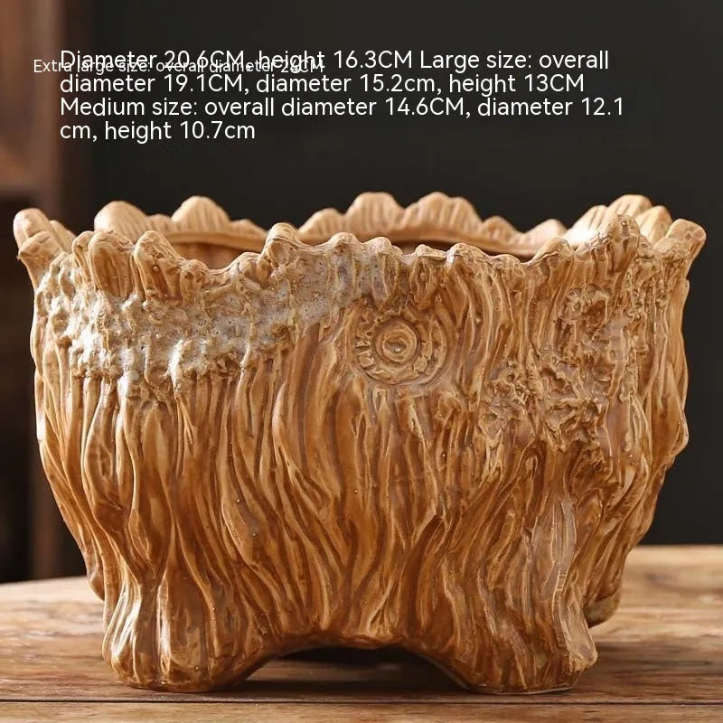 Ceramic wood shaped tree root flower pot in pastoral style, available in three sizes for succulent home gardening