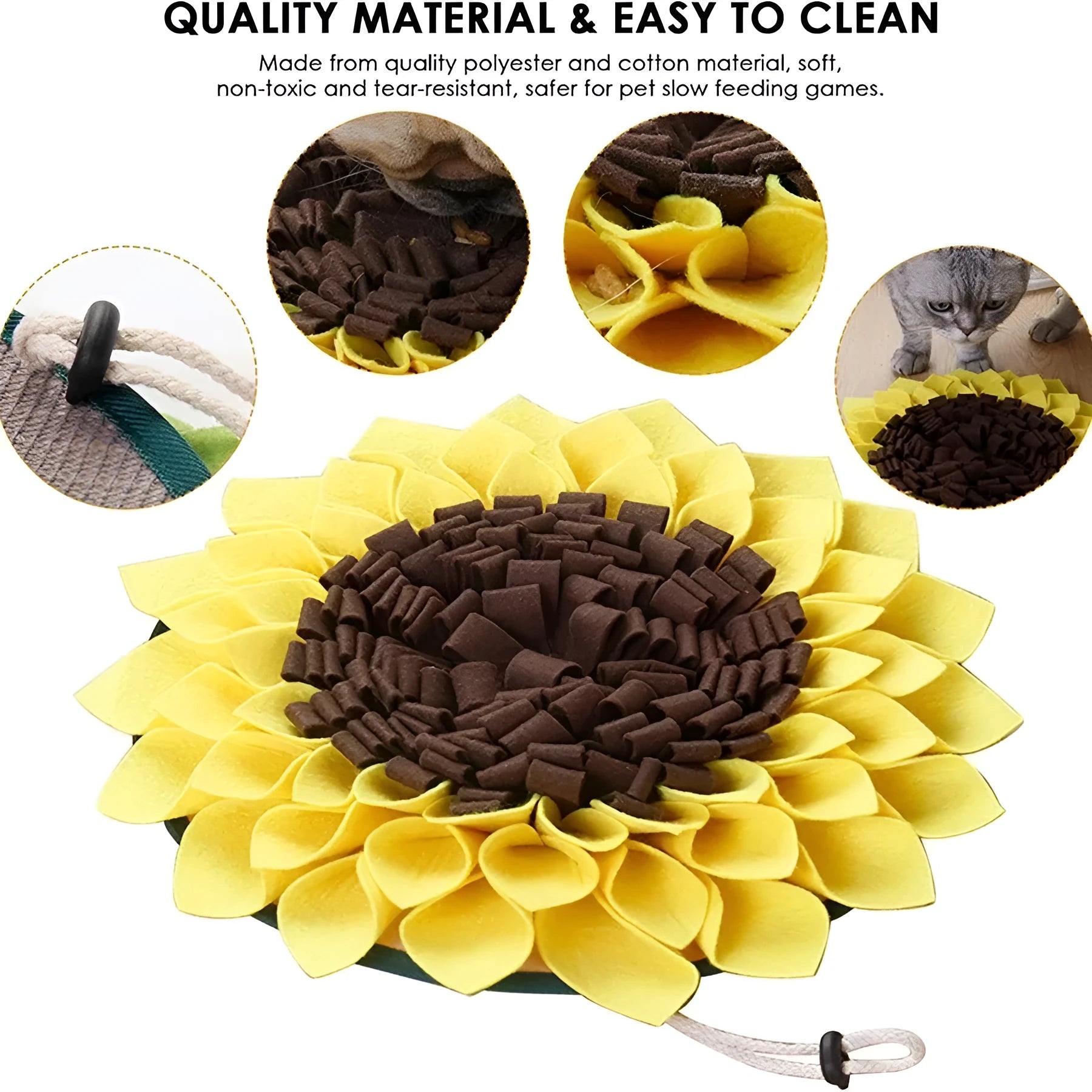 Yellow sunflower-shaped dog snuffle mat for slow feeding and nosework training