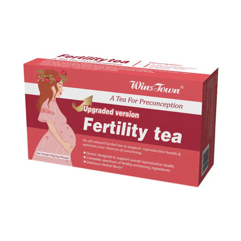 Box of natural fertility tea containing 3 packs of 30 herbal tea bags, 90 bags total.