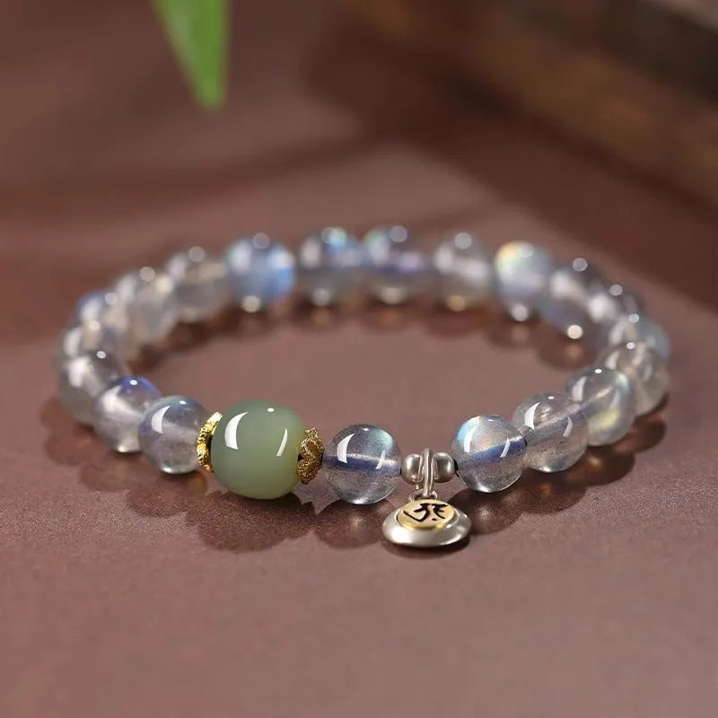 8mm moonstone women's bracelet with Thousand-Hand Kwan-yin mouse zodiac design and electroplated finish