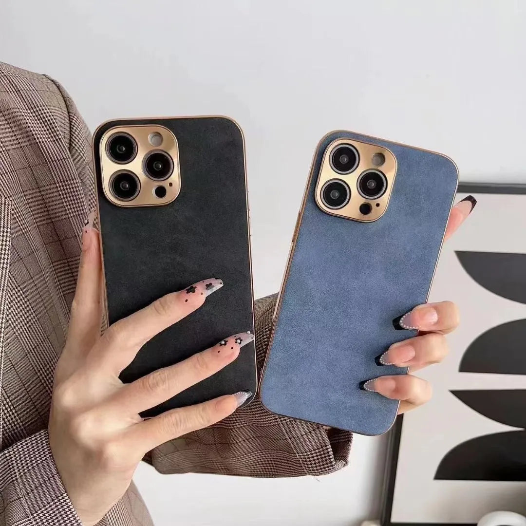 Leather texture TPU phone case on an iPhone, showing grey colour and precise port cutouts.