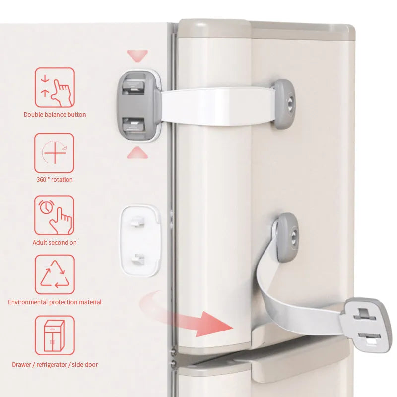 Grey and green adjustable strap child safety lock for cabinets and drawers with adhesive backing