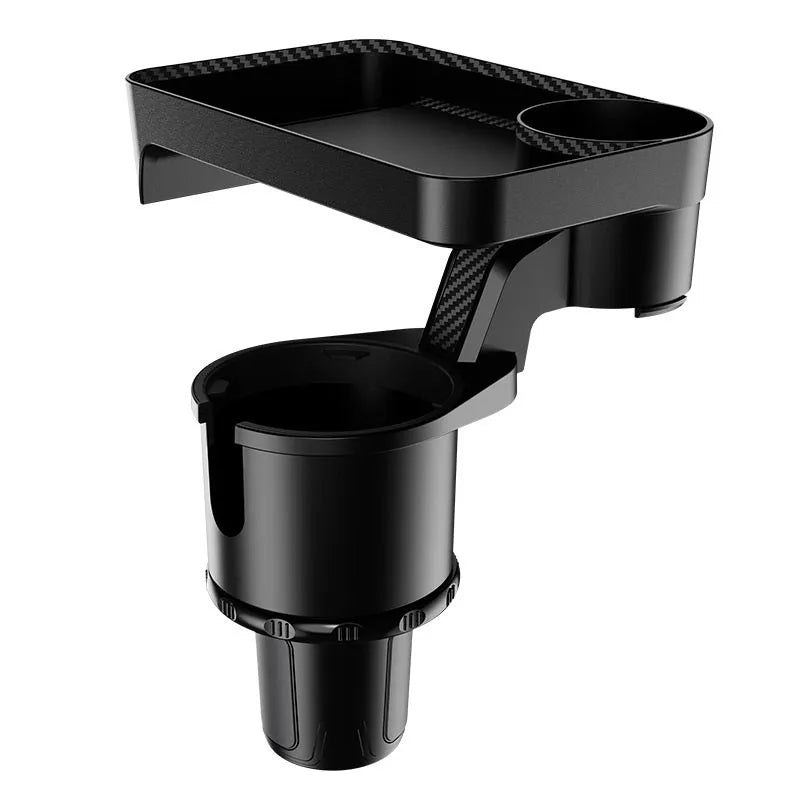 Black ABS plastic car-mounted rotating dinner tray holder shown inserted into a vehicle cup holder.