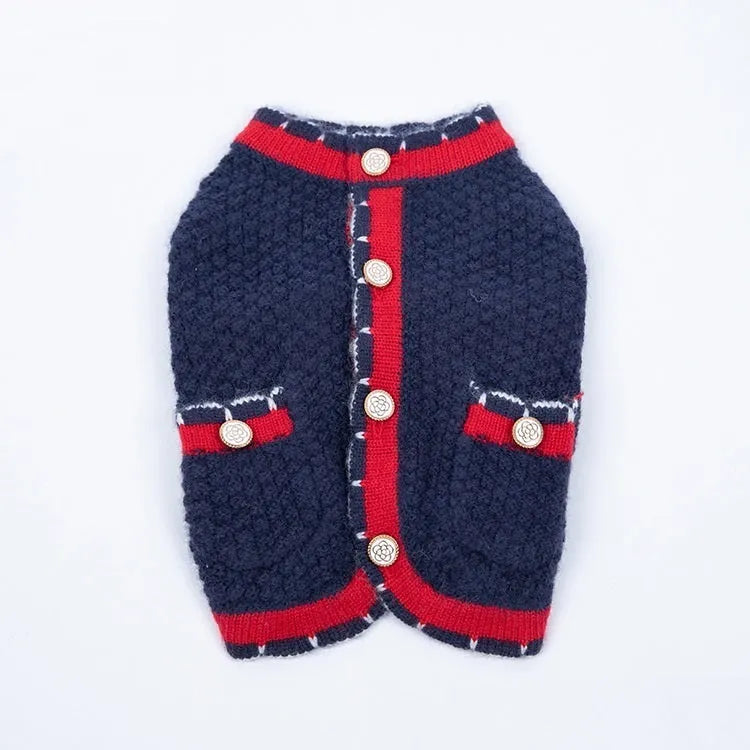 Blue wool sweater cardigan for dog in princess style with tailored pet fit