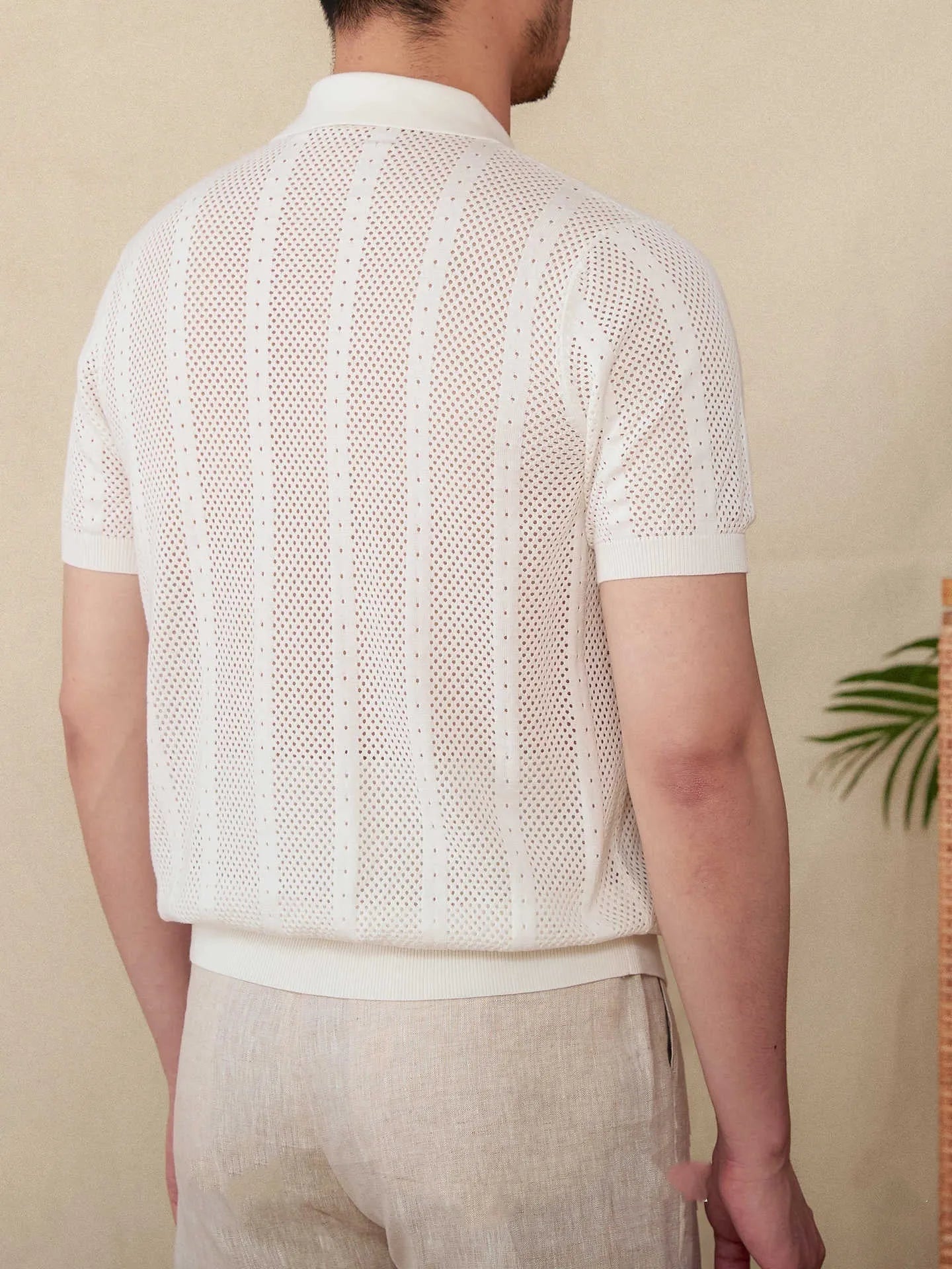 Men's short sleeve lapel cardigan in striped cotton knit fabric shown in creamy-white colour