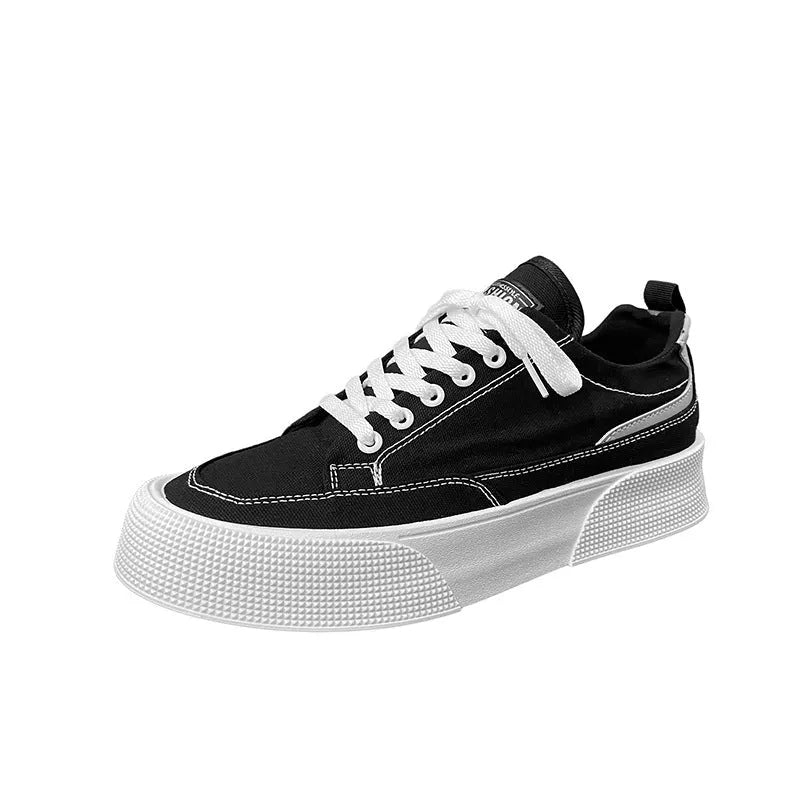 Canvas low top platform men's sneakers with cotton lining, 3-5cm mid heel, available in black or white