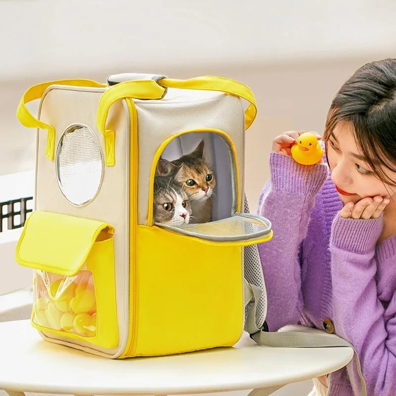 Large capacity breathable canvas pet backpack, 30x20x41cm, canvas leather mesh, two styles including five little yellow ducks