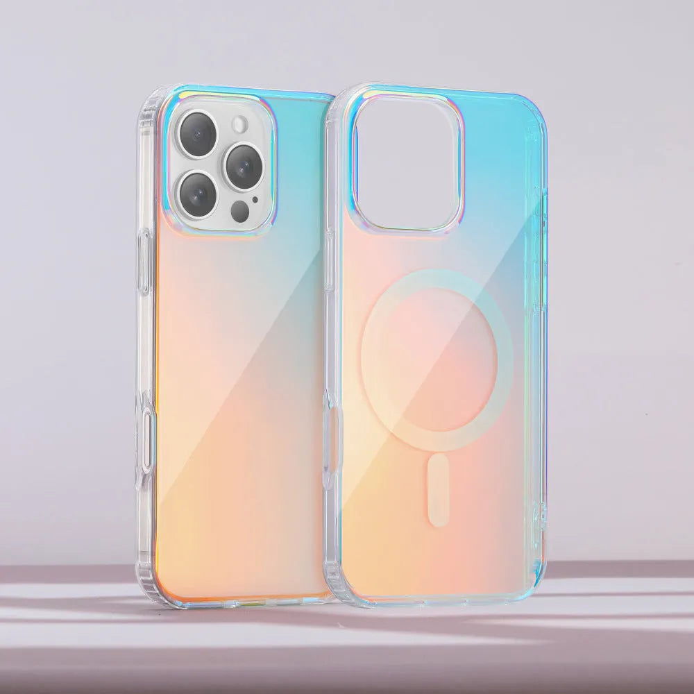 Glossy transparent magnetic case for iPhone on a table, showing chameleon colour-shift effect.
